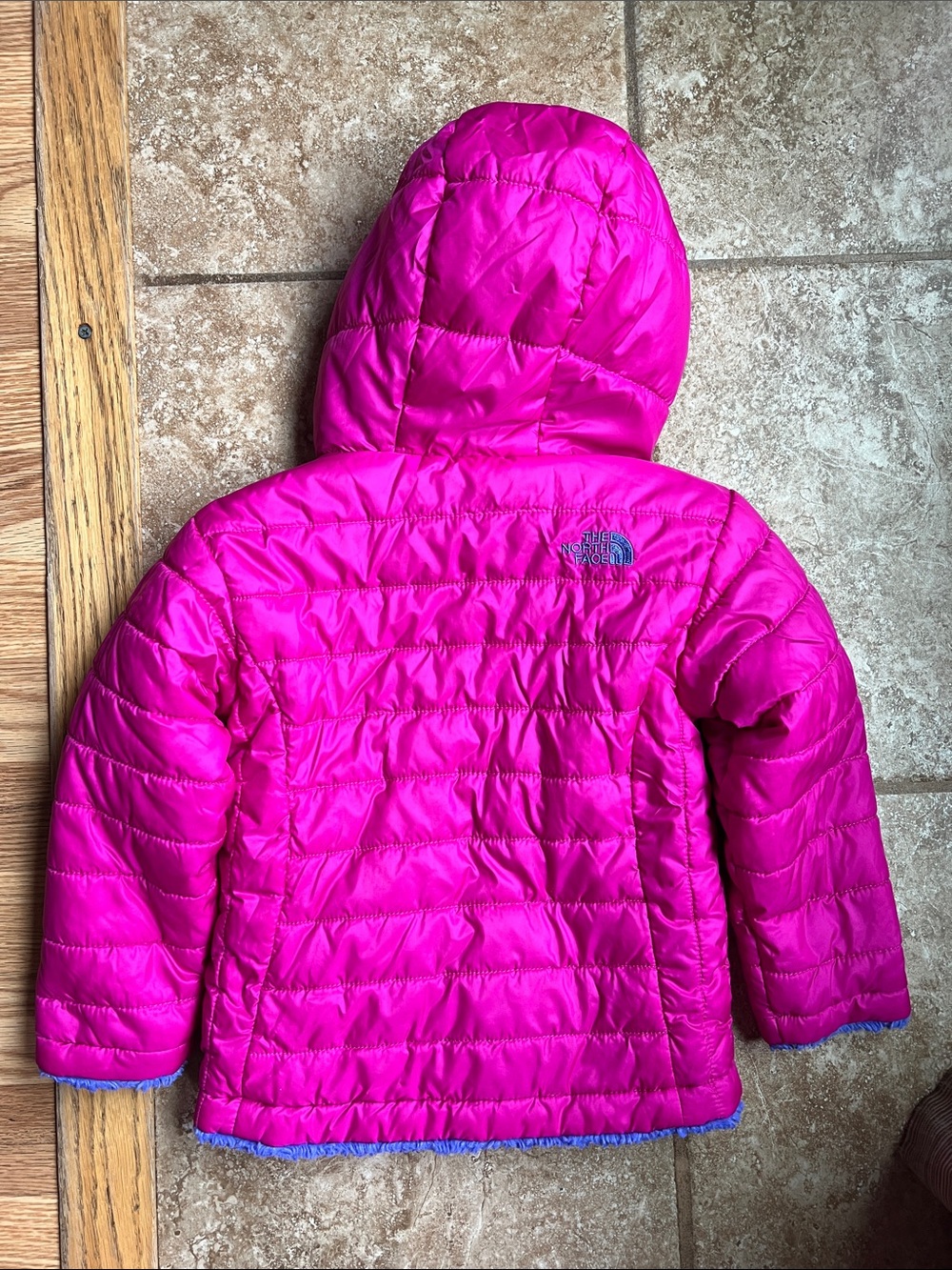 The North Face Hot Pink Puffer Jacket with Purple Hood Lining - Picture 4 of 5